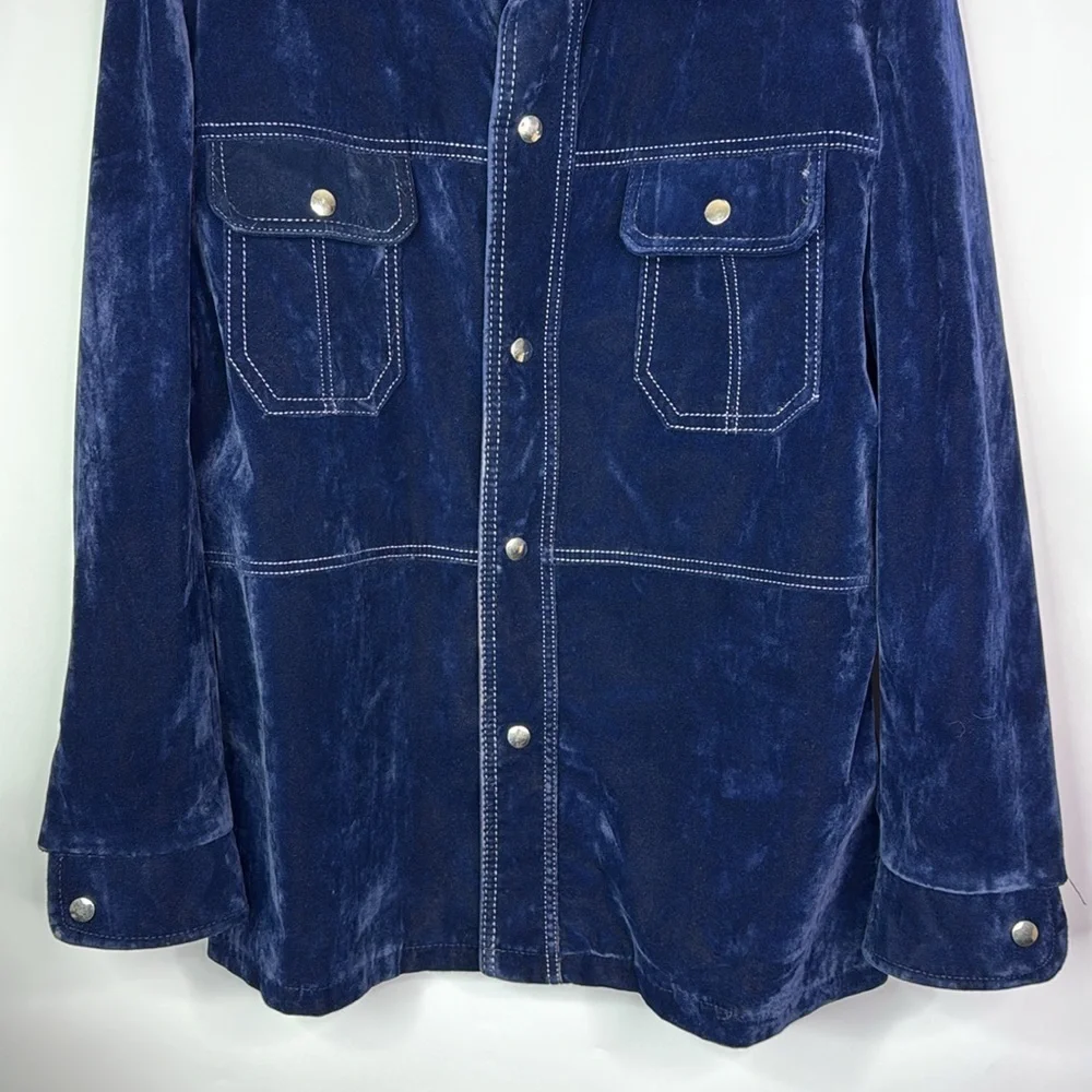 Vintage Blue Velveteen Snap Button Rockabilly Western Jacket Size Large 70s